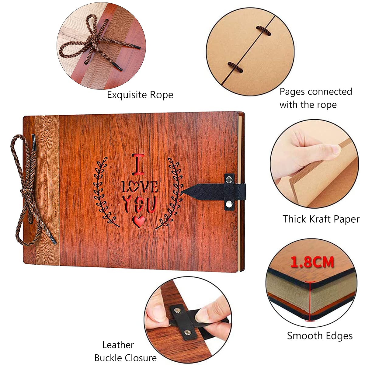 ZEEYUAN Wooden Photo Album Scrapbook DIY Photo Book Wedding Guest-Book 80 Pages Travel Memory Book Birthday Anniversary Valentine's Gift for Mother Father (I Love You)