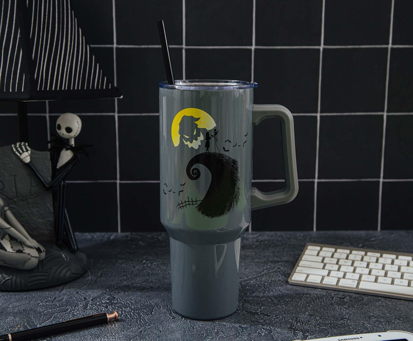 Silver Buffalo Disney Nightmare Before Christmas Featuring Oogie Boogie, Jack Skellington, and Sally Stainless Steel Tumbler with Handle and Straw, Fits in Standard Cup Holder, 40 Ounces