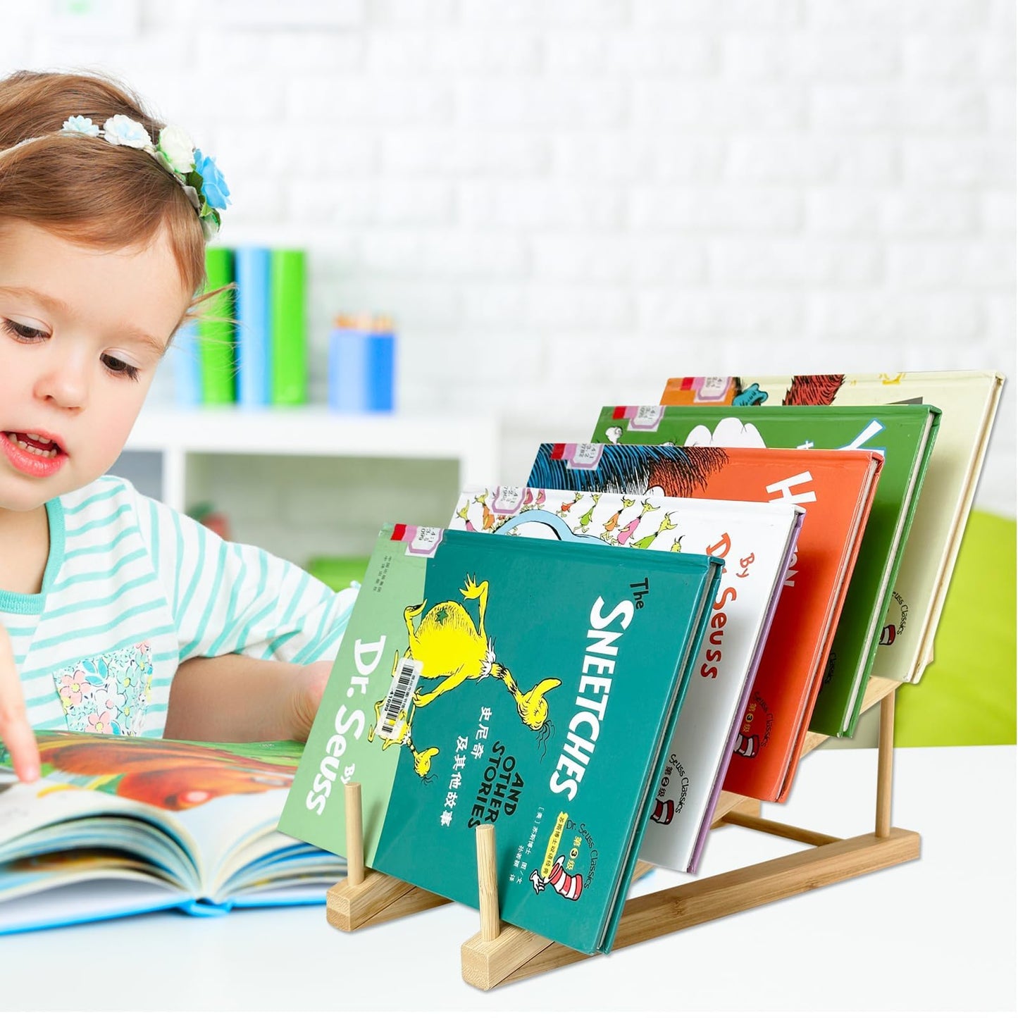GYSLEOT Book Display Stand Holder, 5-Tier Wooden Book Rack Organizer For Magazines, Tabletop Kids Bookshelf Art Display Shelf For Vendors Craft Trade Shows