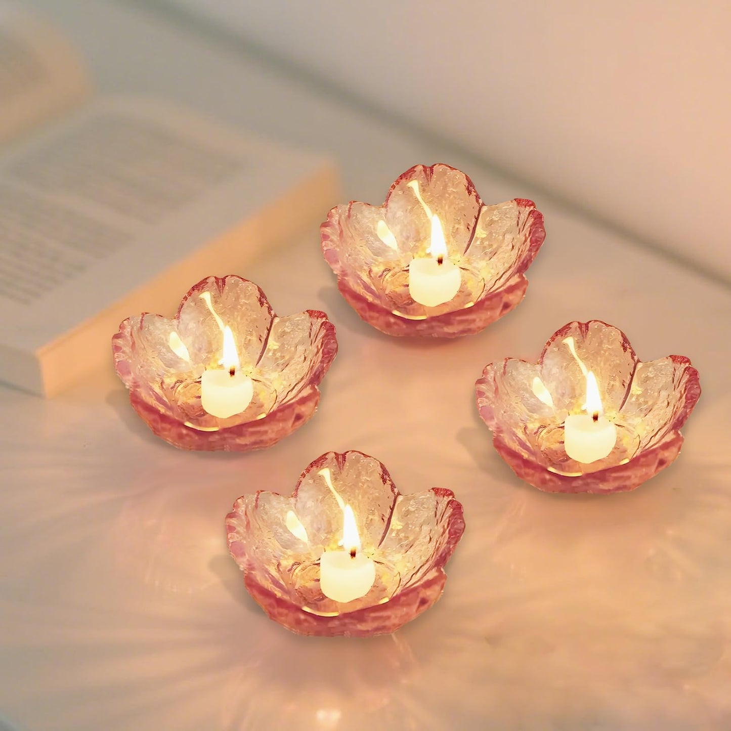 Glass Votive Candle Holders,Glass Seasoning Dishes,Cherry-Blossom Tea Bag Holders,Pink Flower Snack Dip Bowls,Set of 6 Tealight Pillar Trays for Party Housewarming Christmas Valentine Wedding Decor