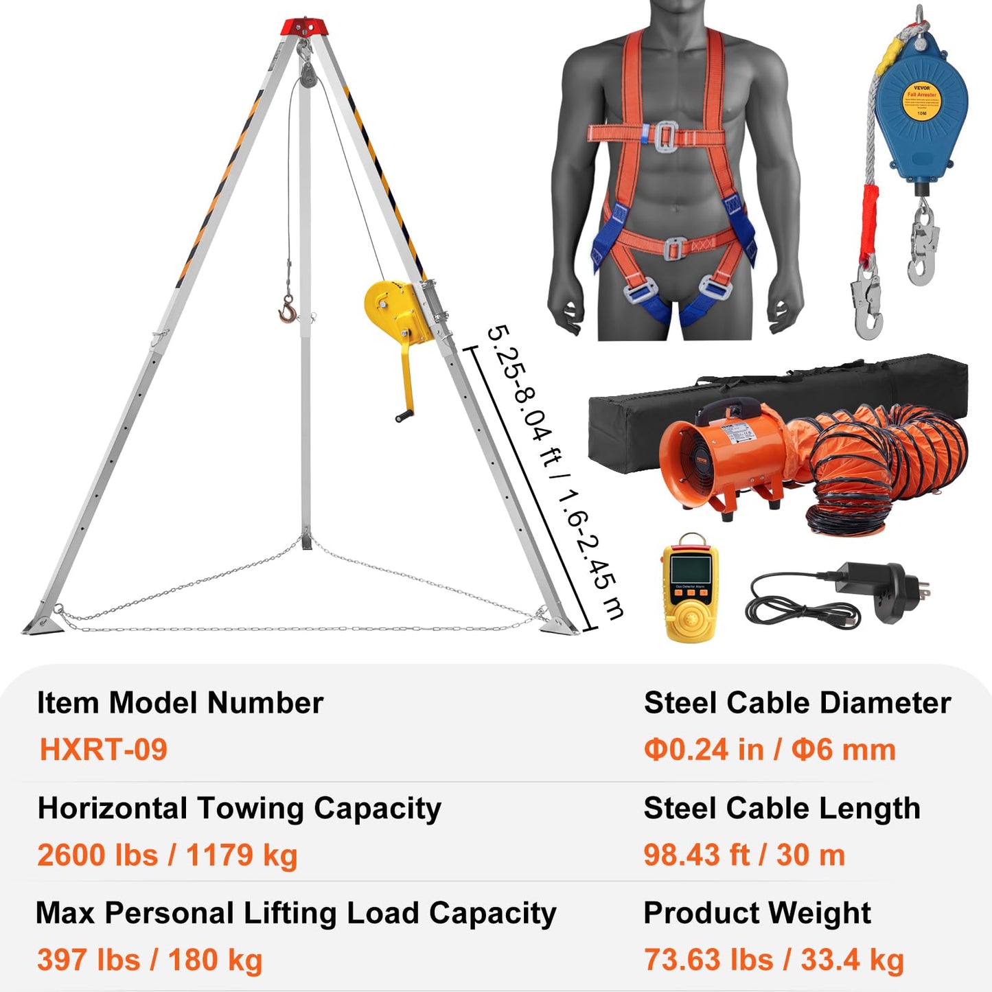 VEVOR 2600 lbs Winch Confined Space Tripod Kit, Heavy Duty Rescue Tripod Lifting Hoist 98' Cable, 32.8' Fall Protection, 5-8ft Working Height, Portable Kit w/Harness Blower Gas detector