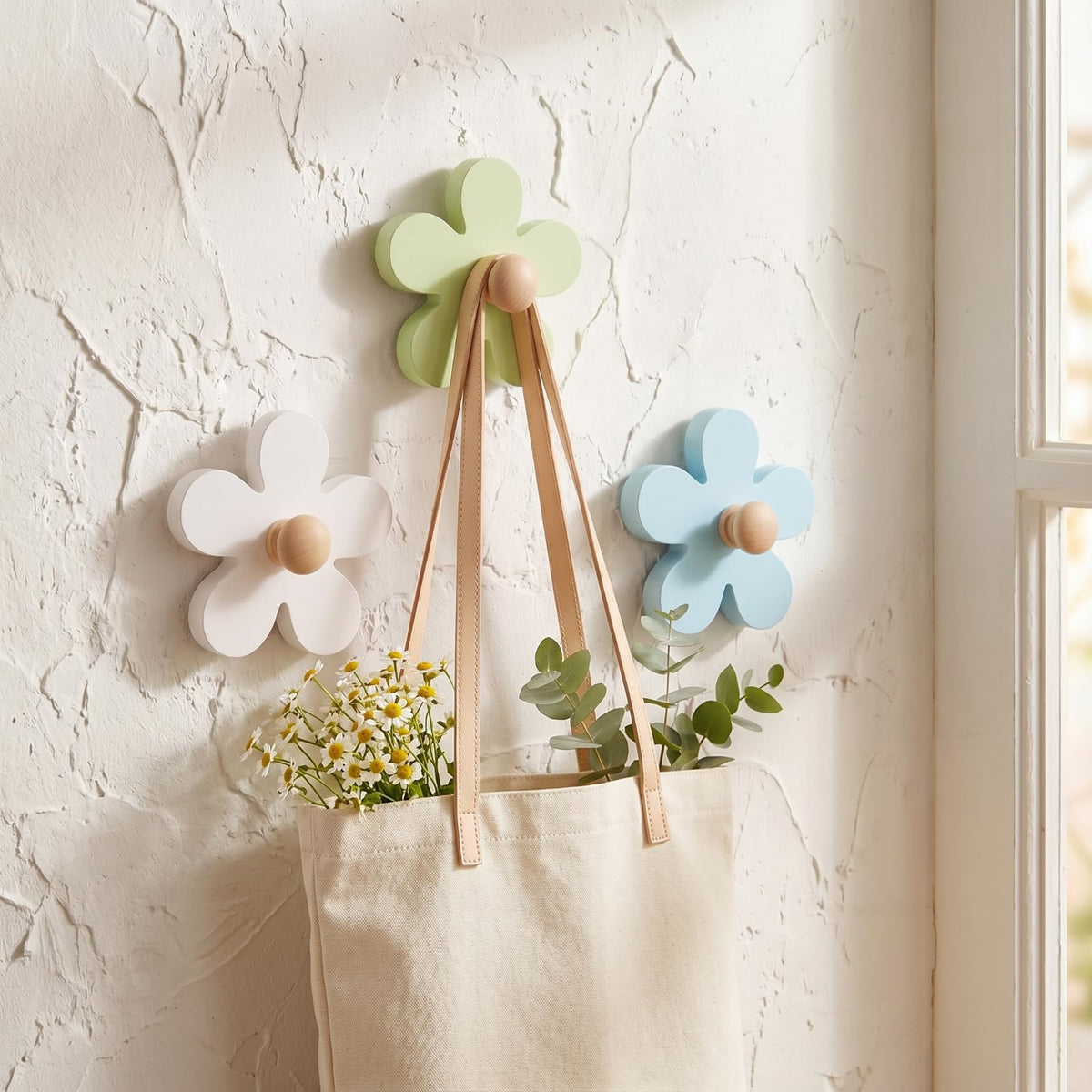 AceOrbit Pcs Daisy Wall Hooks Wood Flower Towel Hooks Cute Flower Decorative Wall Mount Hangers for Bathroom Kitchen Bedroom Home Entryway Decor(3,White, Green, Blue)