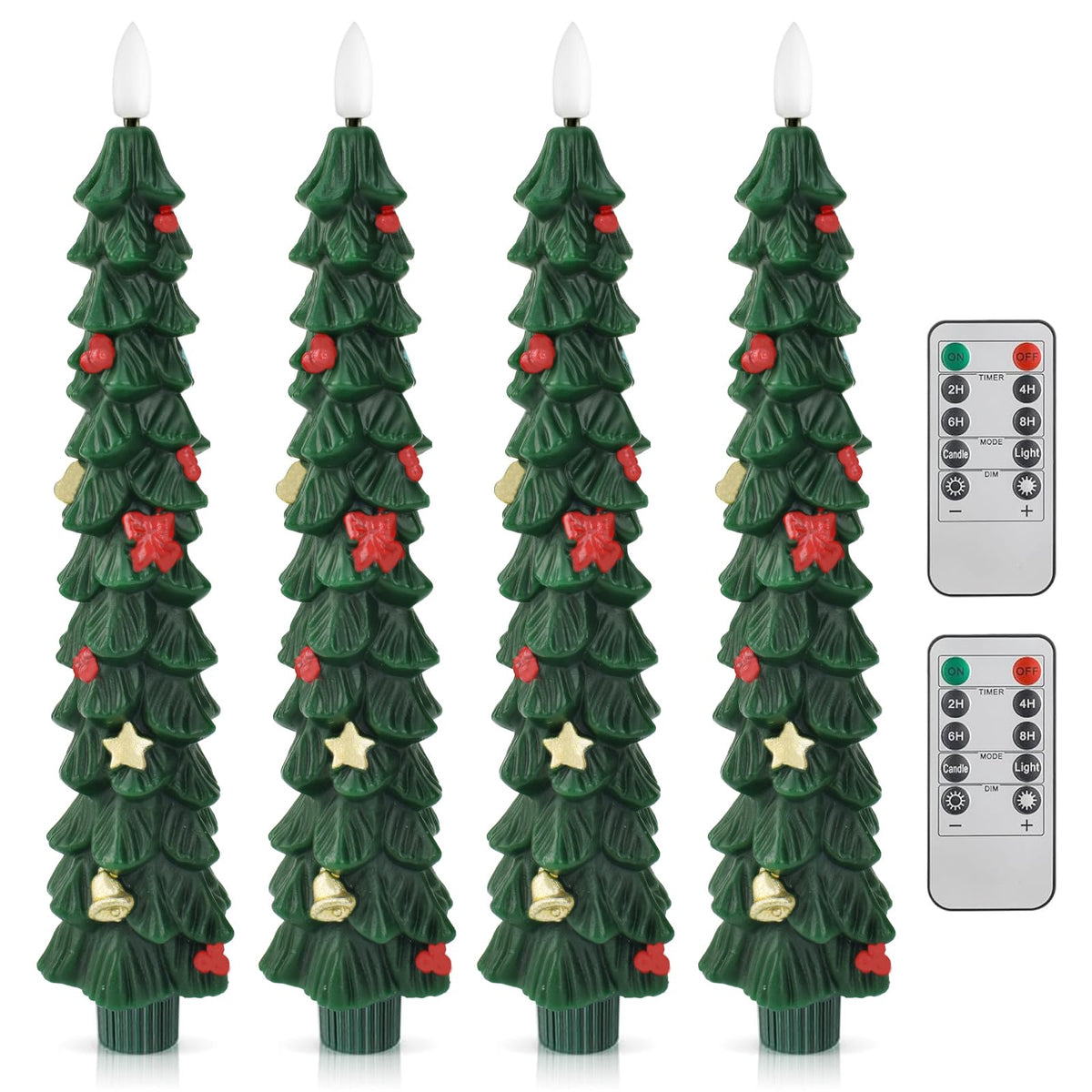 FYBW Christmas Tree Flameless Taper Candles with 10-Key Remote Timer,4 Pcs Green LED Taper Candles with 3D Flame for Holiday Dinner Decorations(Green-A)