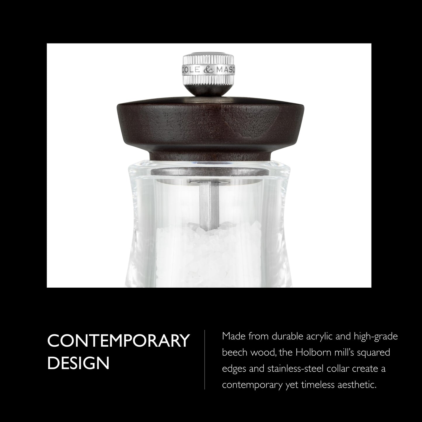 Cole & Mason Holborn Acrylic Salt Mill - Compact Hand Grinder - Acrylic Kitchen Tool with Adjustable Grind Setting - Easy-to-Clean Grinder with Premium Design - Chocolate Salt Mill, 3.75"
