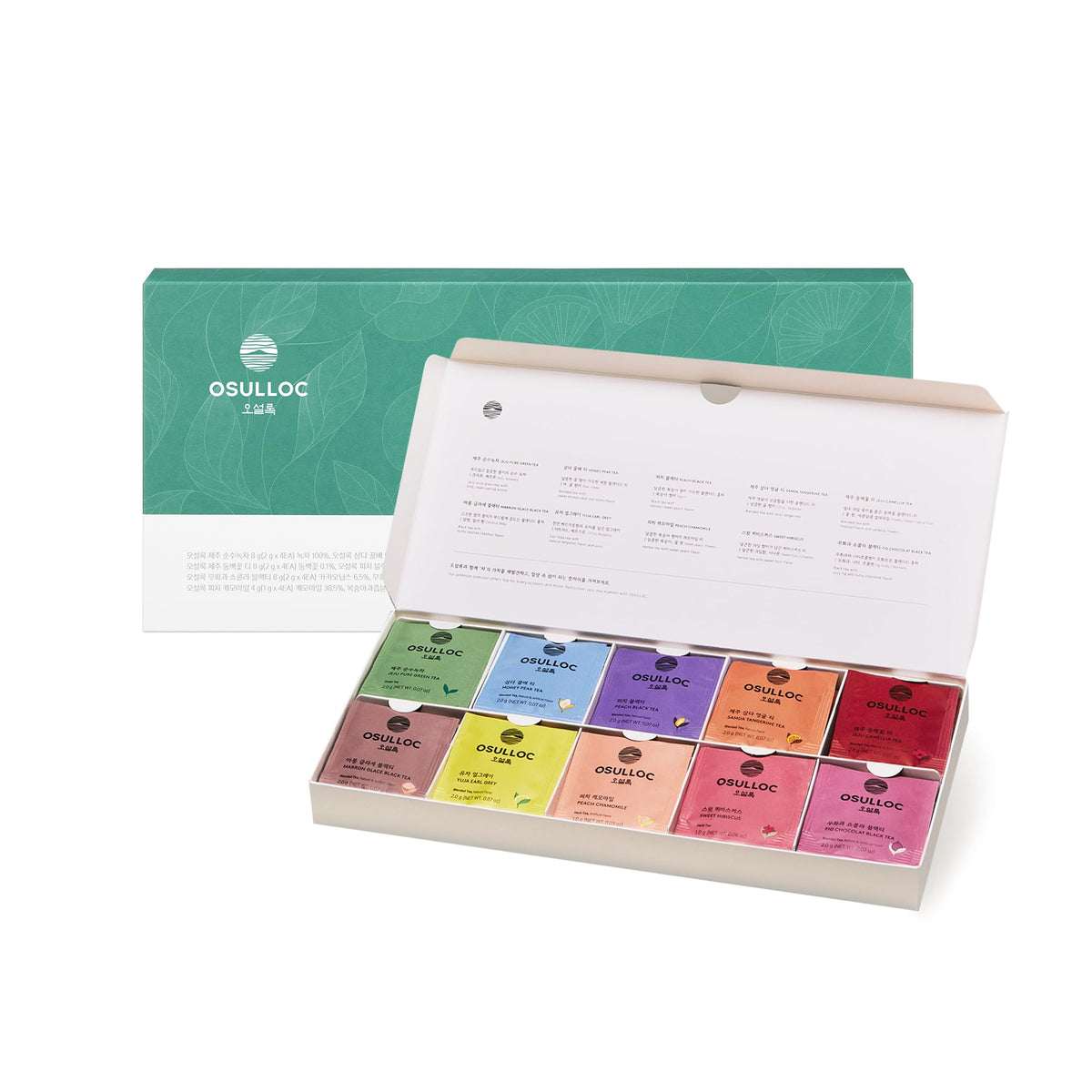 OSULLOC Premium Tea Collection (40 count, 10 flavors x 4 ea), Self Care Sampler Gift Box Variety Pack, Premium Organic Pure & Blended Tea from Jeju
