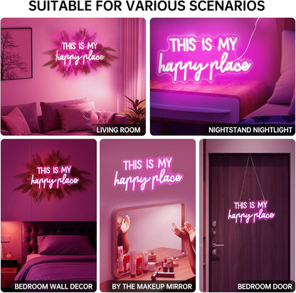 Neon Signs for Wall Decor - This Is My Happy Place Neon Signs for Teen Girls Bedroom Decor, Pink Led Neon Lights for Wall Decor, Nightstand Light, Dimmable Switch USB Power, Adhesive Hook Included