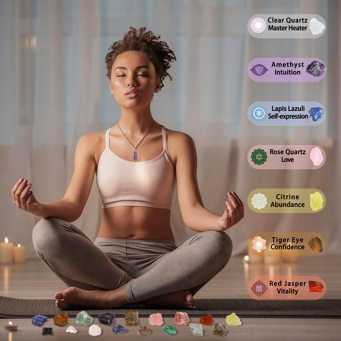 MAIBAOTA 17 Pcs Crystals and Healing Stones 14 Pcs Raw Healing Crystals and Chakra Stones Set Amethyst Rose Quartz Selenite Gemstones Necklace for Meditation Guide for Beginners (with Gift Box)