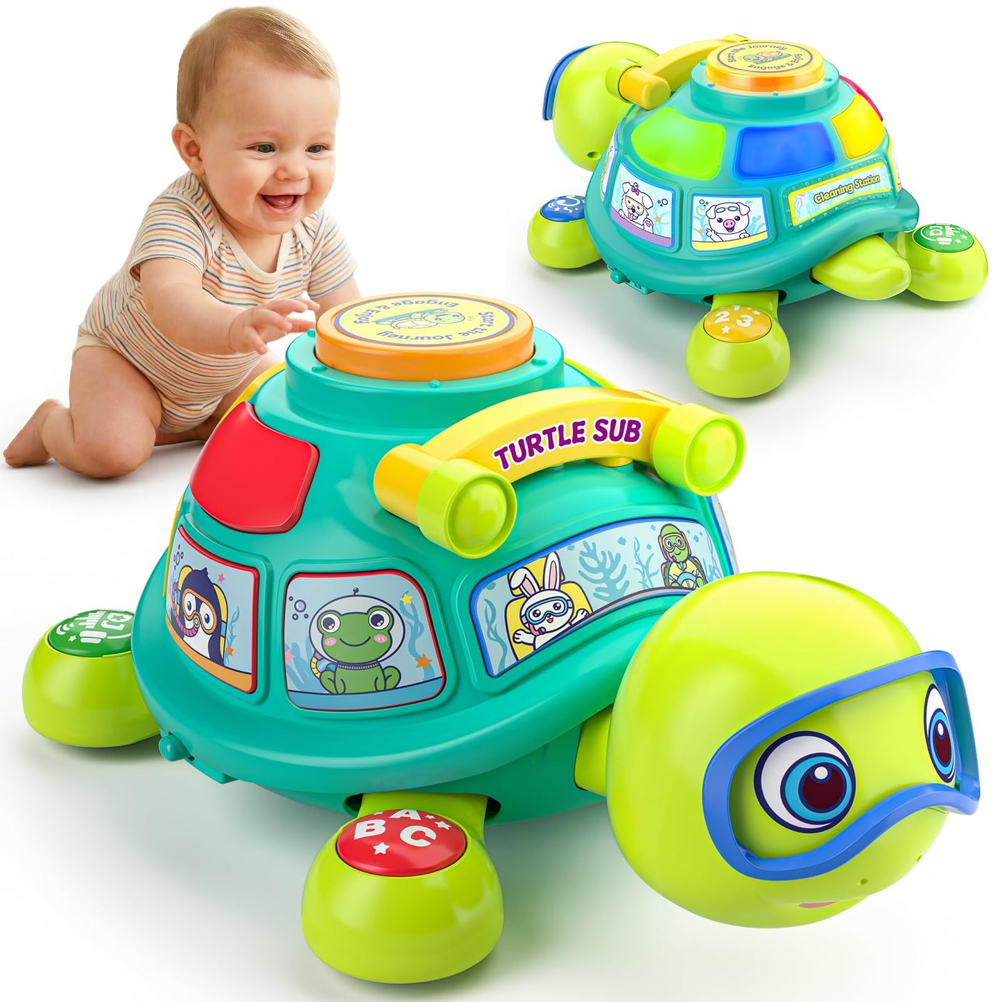 Vahome Musical Crawling Turtle Toy for Babies 3–12 Months, Light-up Educational Baby Toy for 6 7 8 9 10-12 Month Old Boy Girl, Bilingual Development Infant Gifts for 3 4 5 6-12 Months (Green)
