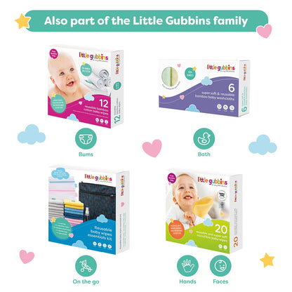 Little Gubbins 20 Cotton Terry Baby Wipes | Pack of 20cm x 20cm Reusable, Soft White Towelling Cloths | Ideal for Mucky Bums, Hands and Faces | 100% natural & Plastic Free