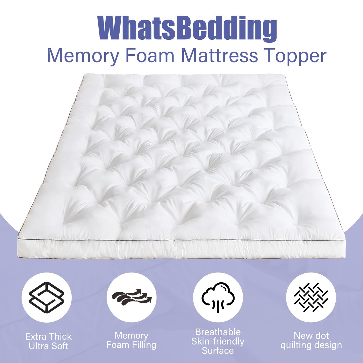 WhatsBedding 4 Inch Memory Foam Mattress Topper Queen for Back Pain Relief, Filled with Breathable Gel Memory Foam, Fluffy Comfort Supportive Pillow Top Mattress Topper, 80x60x4in