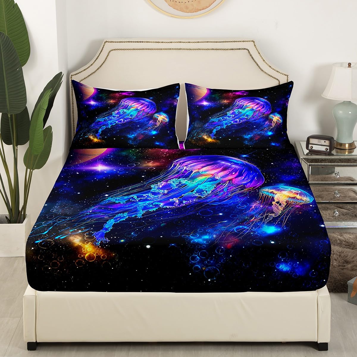 Jellyfish Galaxy Fitted Sheet Set Full Size 4 Pcs,Blue Nebula Spaceship Bedding Set(1 Fitted,1 Flat,2 Pillowcases),Universe Stars Planets Luxury Deep Pocket Bed Sheets for Girls Teesn Room