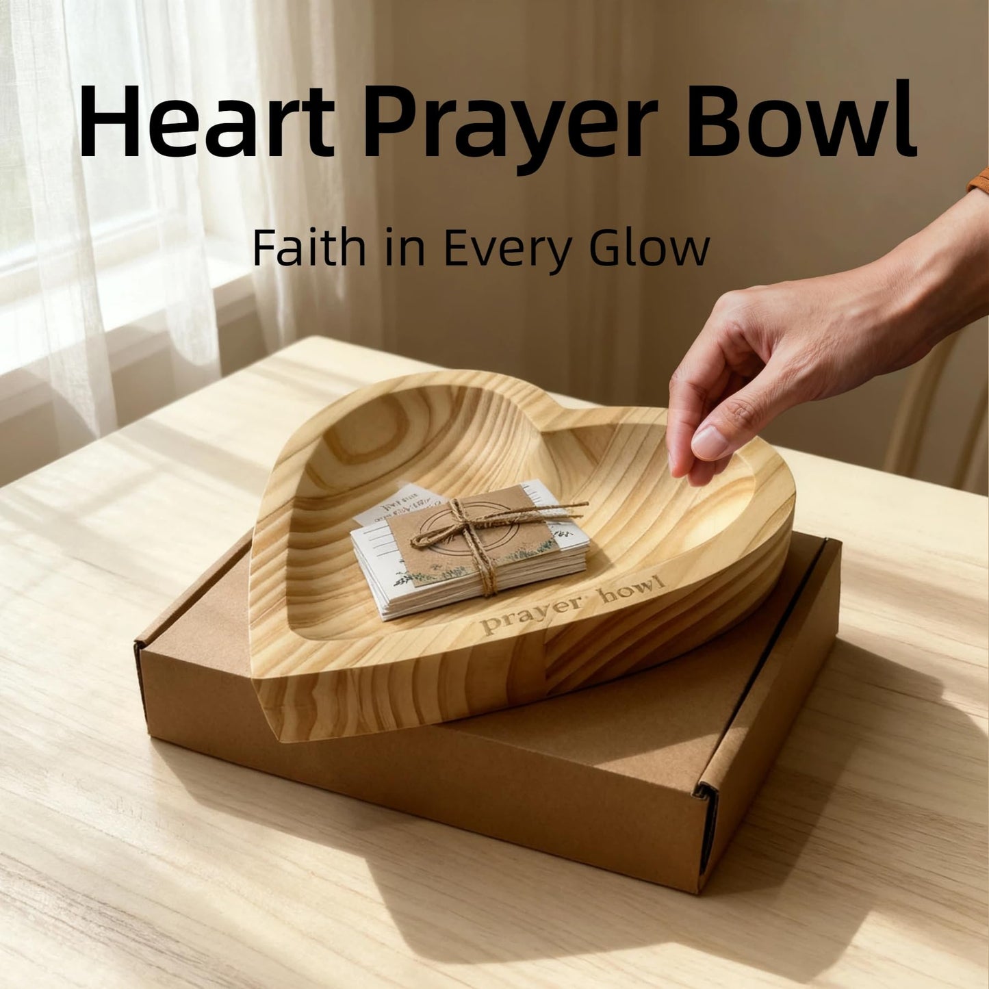 JimZePong Heart Prayer Bowl with 24 Cards, Christian Heart Shaped Wooden Dough Bowl, Handcrafted Prayer Request Bowl, Religious Gift for Women, Mom, Baptism, Church, Thanksgiving & Christmas Decor