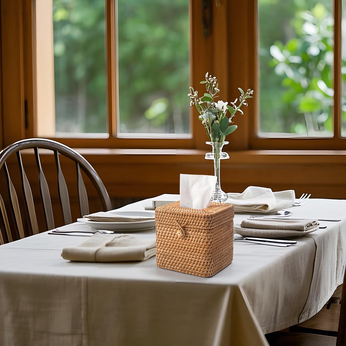 Rattan Tissue Box Cover Square, Wicker Tissue Box Holder with Lid, Natural Woven Facial Tissue Holder for Bathroom, Kitchen, Living Room (Natural)