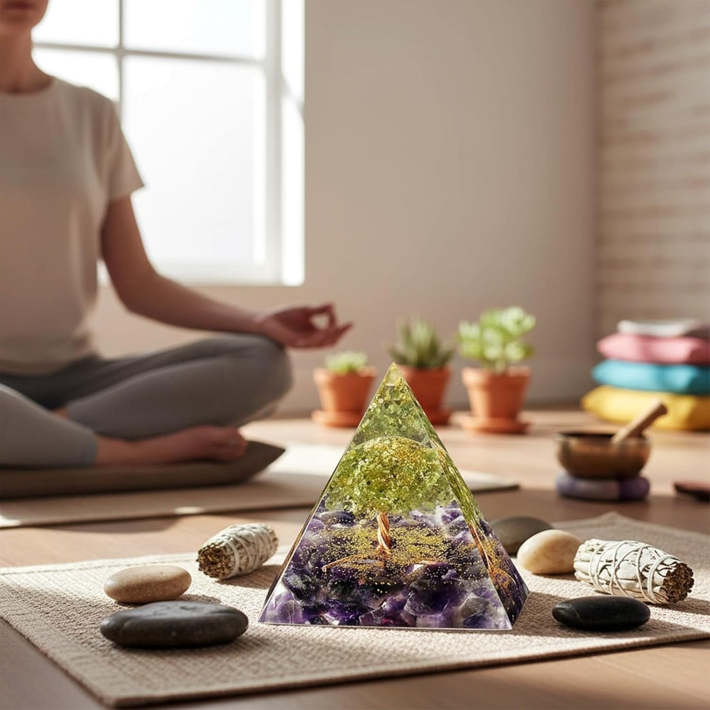 EternalOrgone Tree of Life Orgone Pyramid for Positive Energy, Orgonite Peridot&Amethyst Healing Crystal Pyramids for Reduce Stress Chakra Reiki Healing Meditation Attracts Lucky and Success