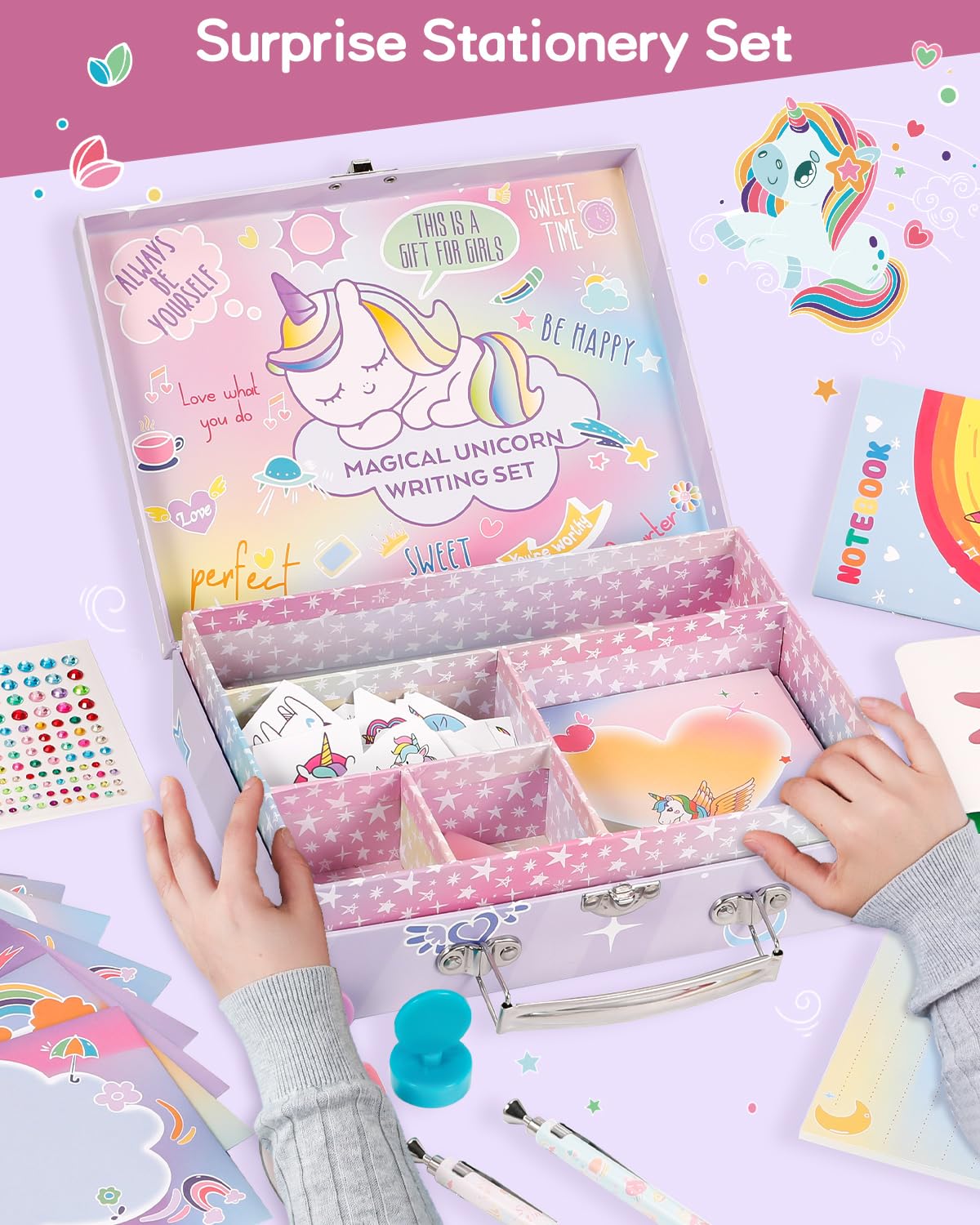 Nicpro 62PCS Unicorn Stationary Set For Girls,Unicorn Kid Toys for Aged 6-10 Years Old, Cute Stationery Supplies Letter Writing Kit Gift for 5,6,7,8,9,10 - Little Girls Ideal Christmas Birthday Gifts