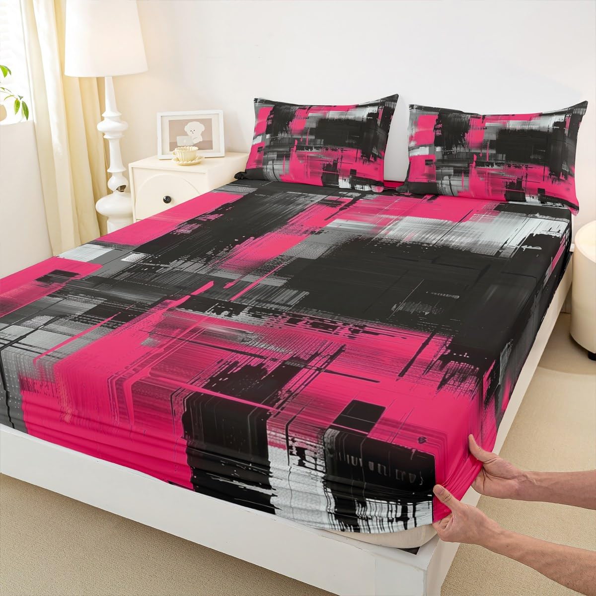 jejeloiu Abstract Fitted Sheet Twin Size for Kids Boys Girls Black and Pink Bed Sheets Set 16" Deep Pocket Soft Breathable Microfiber Art Aesthetic Bedding with 1 Pillowcase Geometric Room Decor