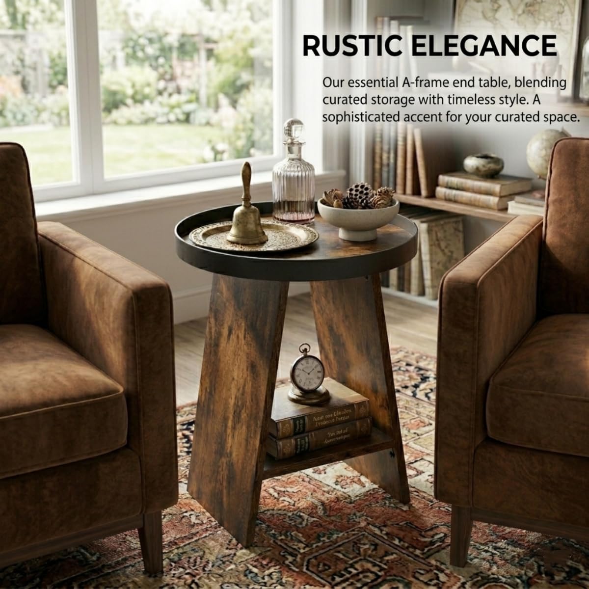 ZEXVIDA Round End Table with Tray Top, 2-Tier Rustic Side Table with Storage Shelf, Modern Farmhouse Industrial Wood Nightstand for Living Room, Bedroom, Small Spaces (Rustic Brown)