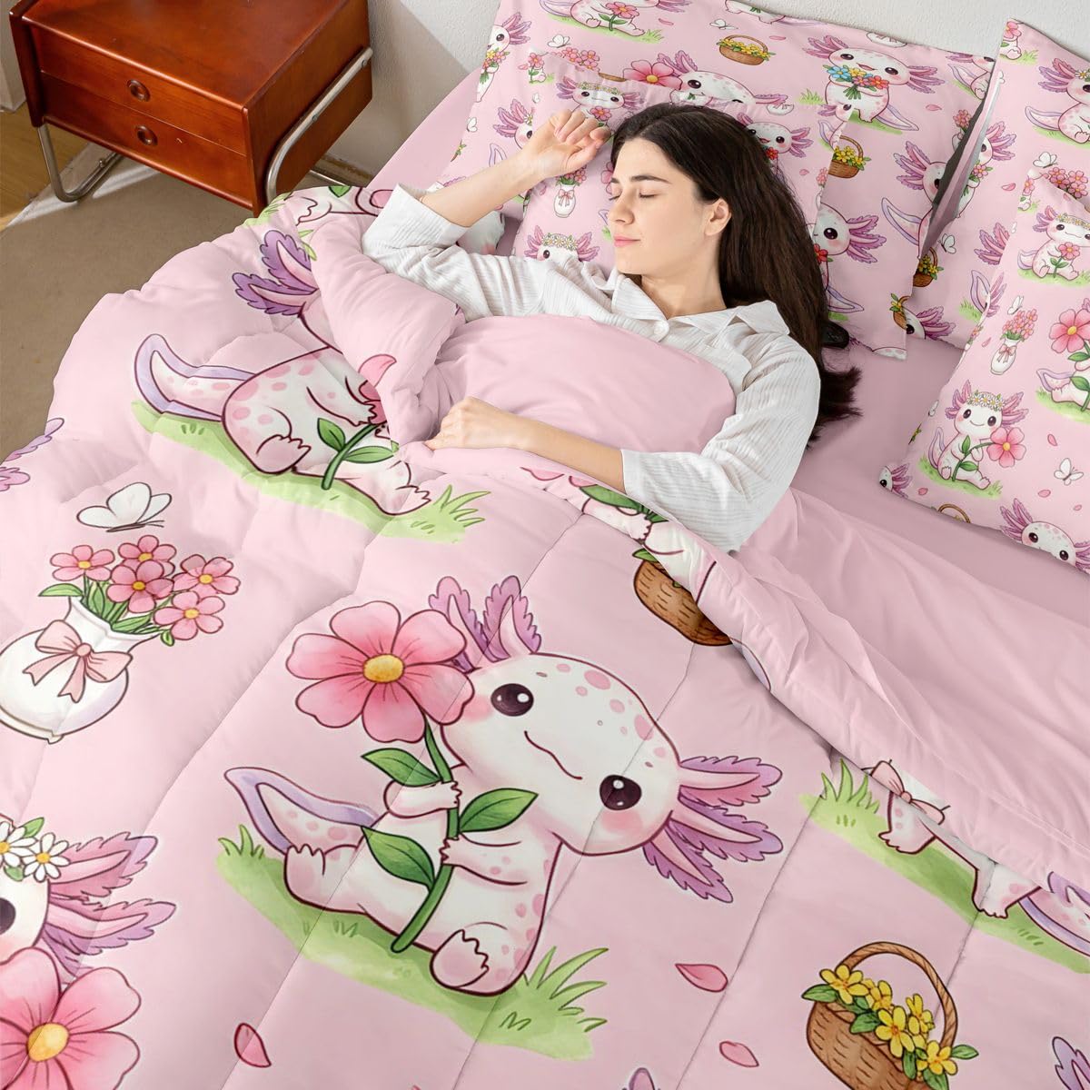 Pink Floral Axolotl Queen Bedding Set for Kids Girls Teens Cute Axolotl Comforter Set with Flat and Fitted Sheet Spring Garden Pink Flowers 7-Piece Bed in a Bag Girly Dreamy Pastoral Petals Quilt Sets