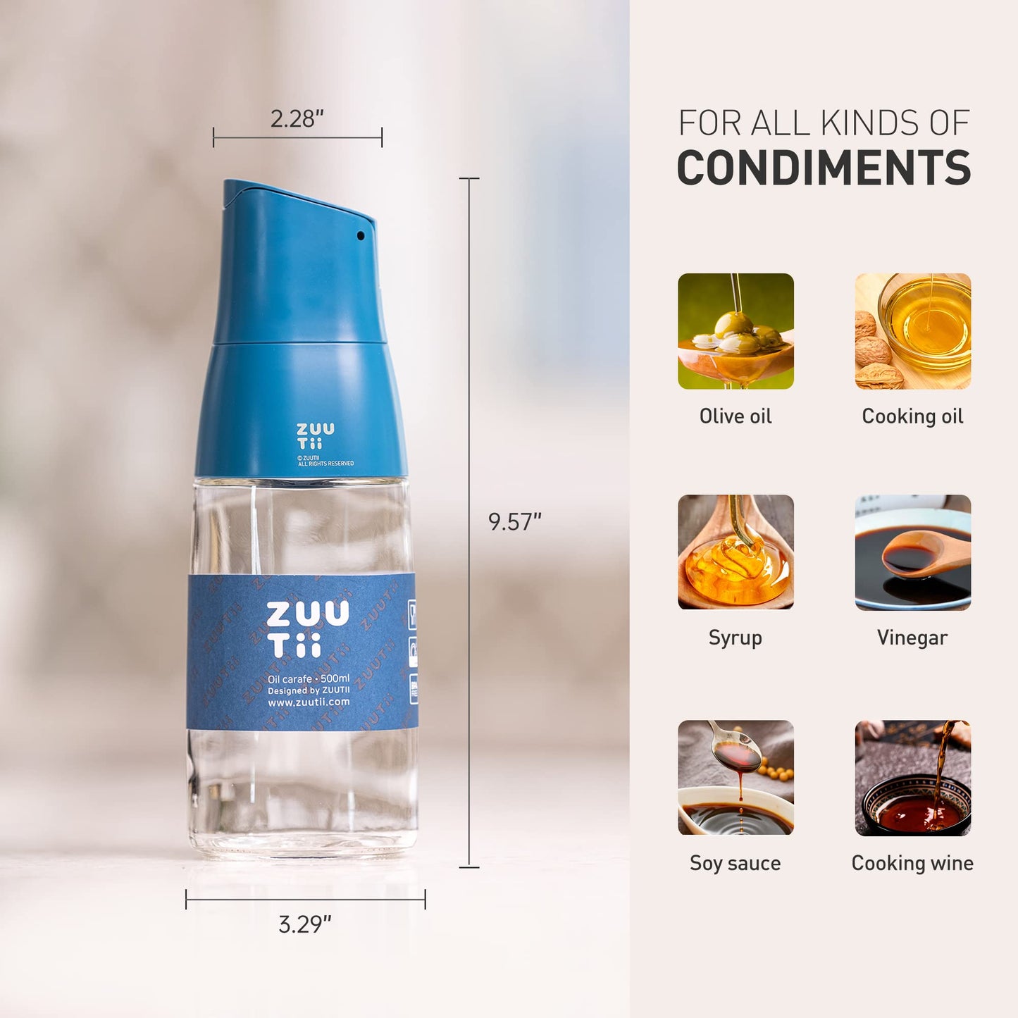 Zuutii Olive Oil Dispenser - Drip Free Spout Bottle for Kitchen Glass Oil and Vinegar Dispenser - Blue