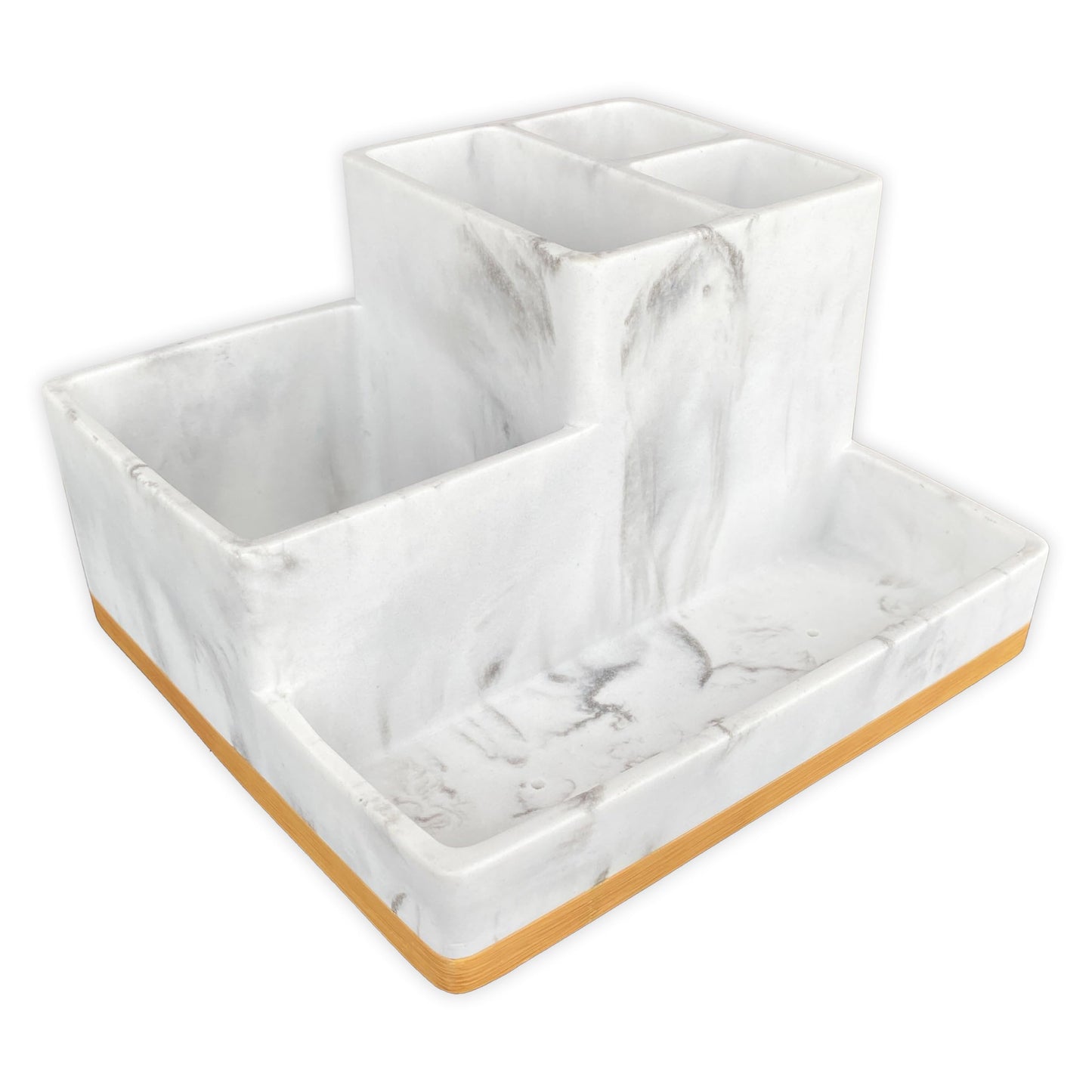 Bathroom Countertop Organizer with Tray, Large Size Toothbrush Holder Organizer, Vanity Storage for Bathroom, 5 Different Size Compartment, Resin in White Marble Bamboo Bottom