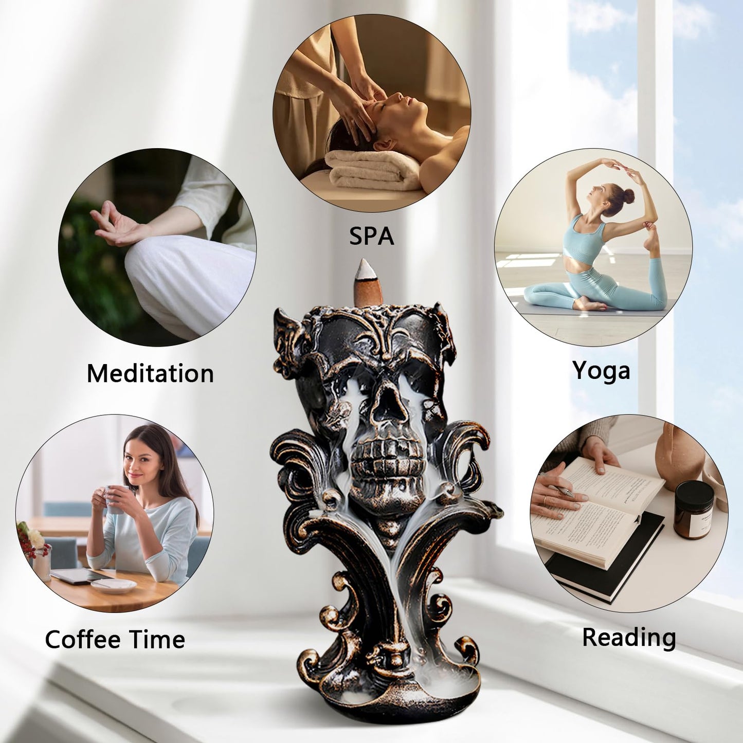 Comeon Backflow Incense Holder Burner Resin Skull Incense Burner Waterfall Incense Burner Home Decor + 20 Backflow Incense Cones + 30 Incense Sticks +1 Tweezer +1 Mat（Metallic Gold）