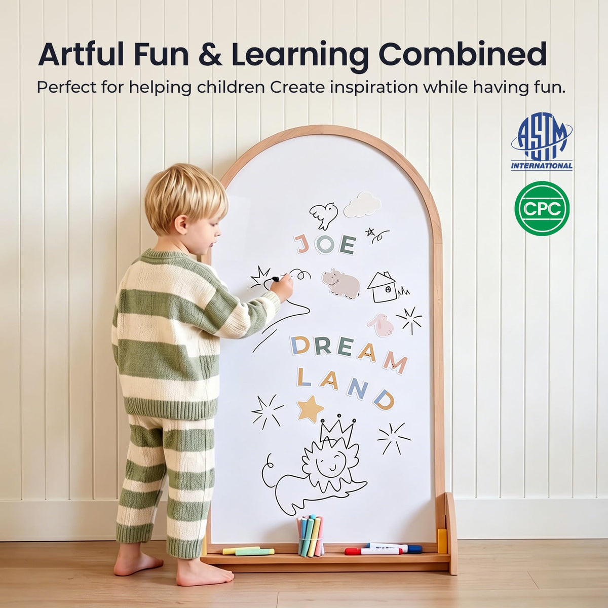 Tiny Land Kids Easel – Large 22"x40.5" Writing Area Double-Sided Magnetic Chalkboard & Whiteboard, Wooden Arch Drawing Board with Stand, Toddler Art Easel with Letters & Animal Magnets