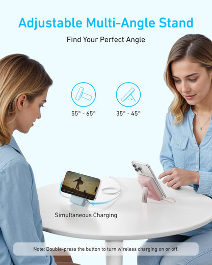 Anker Zolo Magnetic Power Bank, 10,000mAh Wireless Portable Charger with 30W Max Fast Charging, Battery Pack with Built-in USB-C Cable and Adjustable Stand, for iPhone 16/15 Series, AirPods, and More