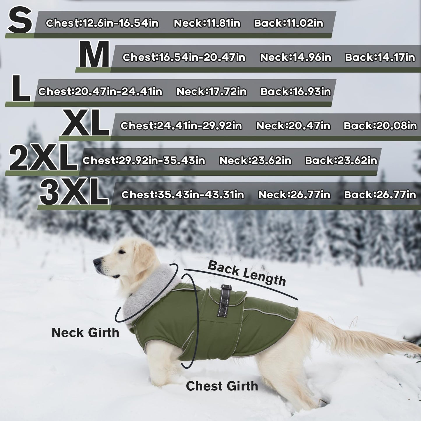 Lelepet Warm Coats and Jackets for Dogs, Waterproof Winter Dog Coat for Cold Weather, Reflective Dog Puffer Jacket, Fleece Lining Pet Coat with Harness Hole for Large Dogs, ArmyGreen XL