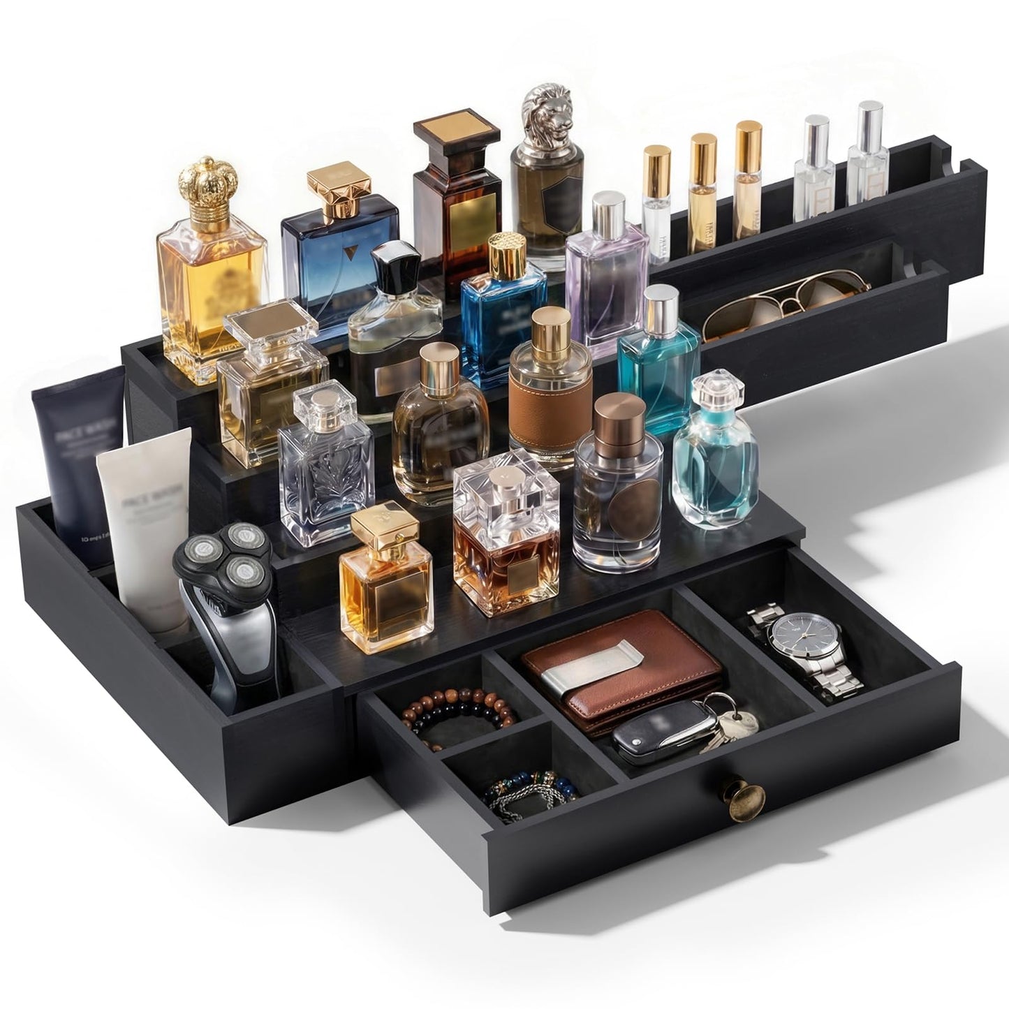 Aollewoiti Cologne Organizer for Men, 4-Tier Wooden Perfume Stand with 3 Velvet Lining Drawers, Large Capacity Perfume Display, Black Fragrance Storage Shelf for Dresser, Mens Gift for Birthday Father's Day