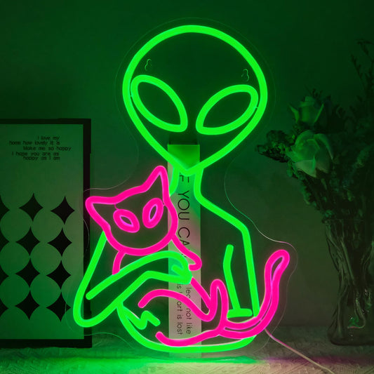 Alien Neon Sign for Wall Decor Dimmable Aliens Cat Led Lights Signs for Bedroom Green Neon Light for Game Room Man Cave Bedroom Party Decoration Gift for Kids Boys