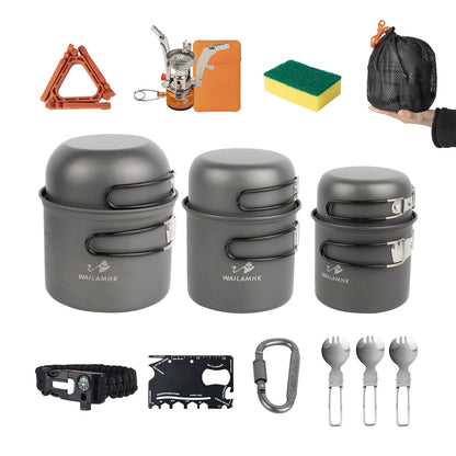 WAILAMHK Camping Cookware Mess Kit, 17 pcs Backpacking Cooking Gear, Lightweight Camping Pots and Stove Set for 3 Person, Outdoor Cooking Gear Ideal for Camping, Hiking, Backpacking and Picnic