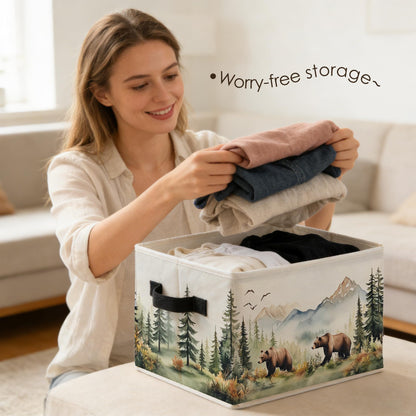 Fyecoluo Forest Brown Bear Nursery Storage Bins Box with Handles, Camping Hiking Lover Gifts Foldable Basket Toybox for Kids Room Nursery Playroom Bedroom Bathroom Clothes Toys Books