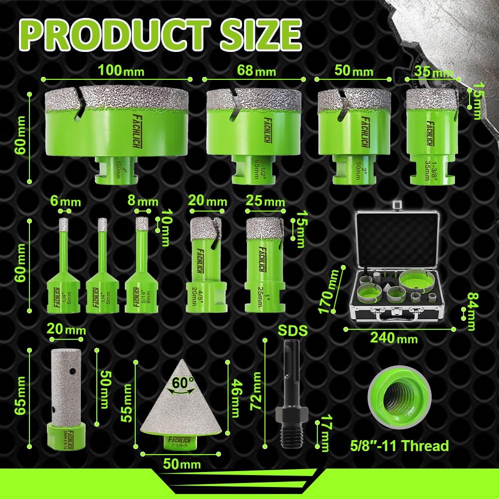 Diamond Tile Hole Saw Kit - FACHLICH from 1/4" to 4" Porcelain Ceramic Tile Diamond Core Drill Bits Set 12pcs 4/5" Finger Bit 2" Beveling Chamfer
