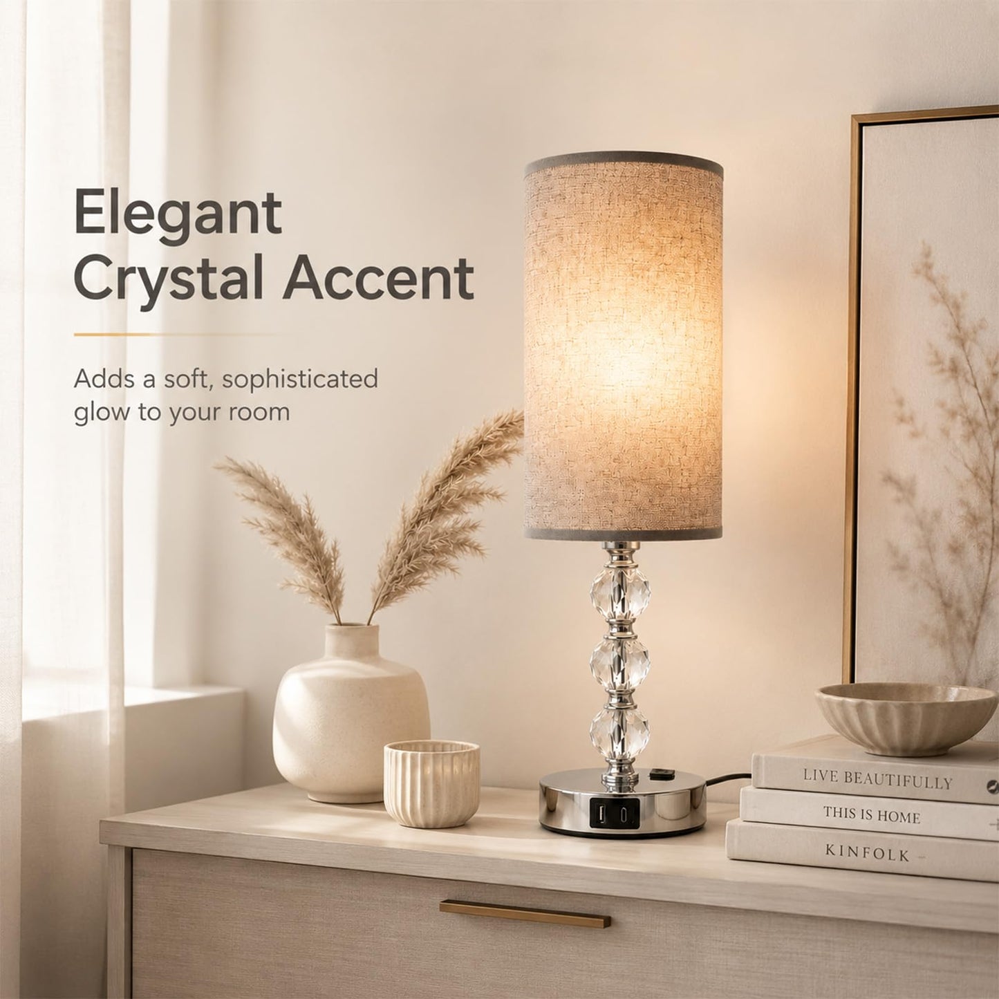 Wiomonrew Crystal Table Lamp 14.6", 3-Way Dimmable with Touch Control, USB Charging Ports & AC Outlet, Bulb Included, – 3000K Warm White for Bedroom Living Room