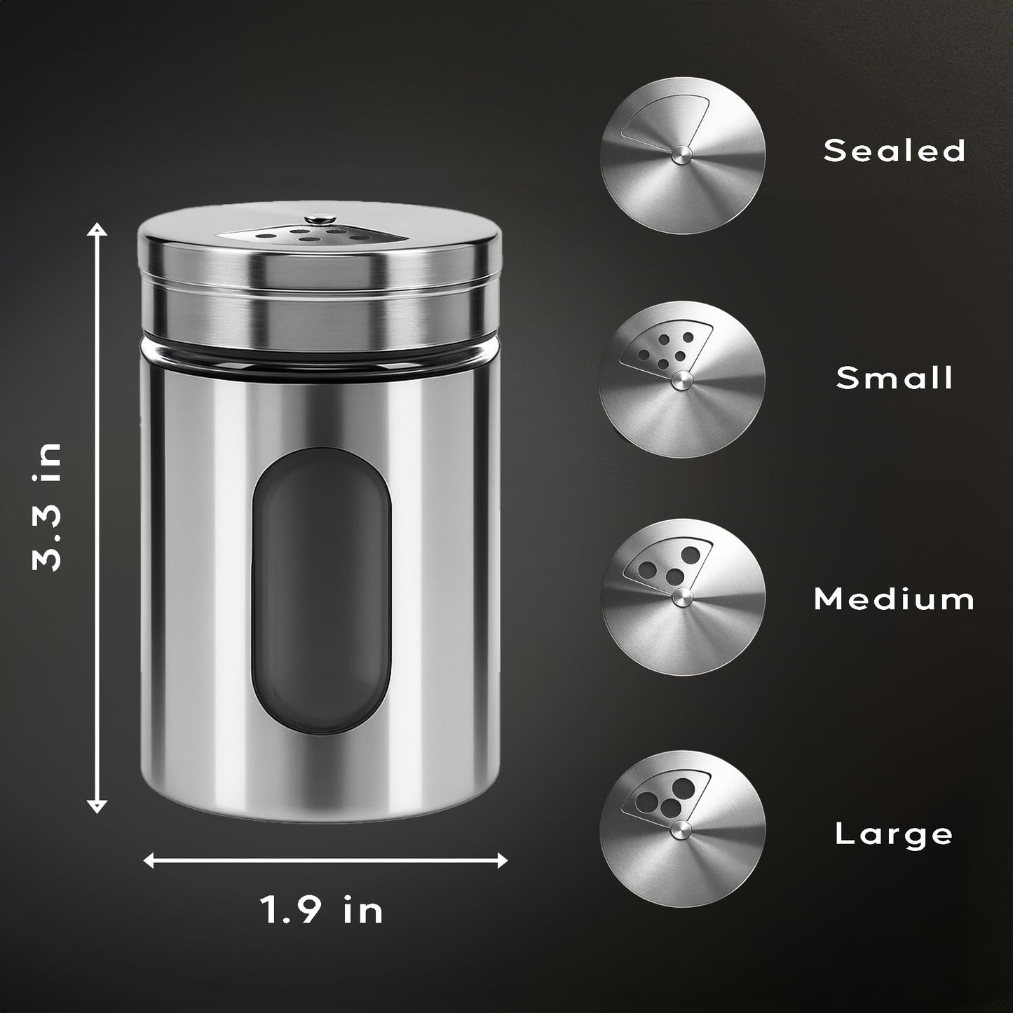GOOHERA 4-Piece Salt and Pepper Shakers Set, 100mL (3.38oz) Each – Premium Stainless Steel Spice Dispensers with Adjustable Pour Holes – SILVER