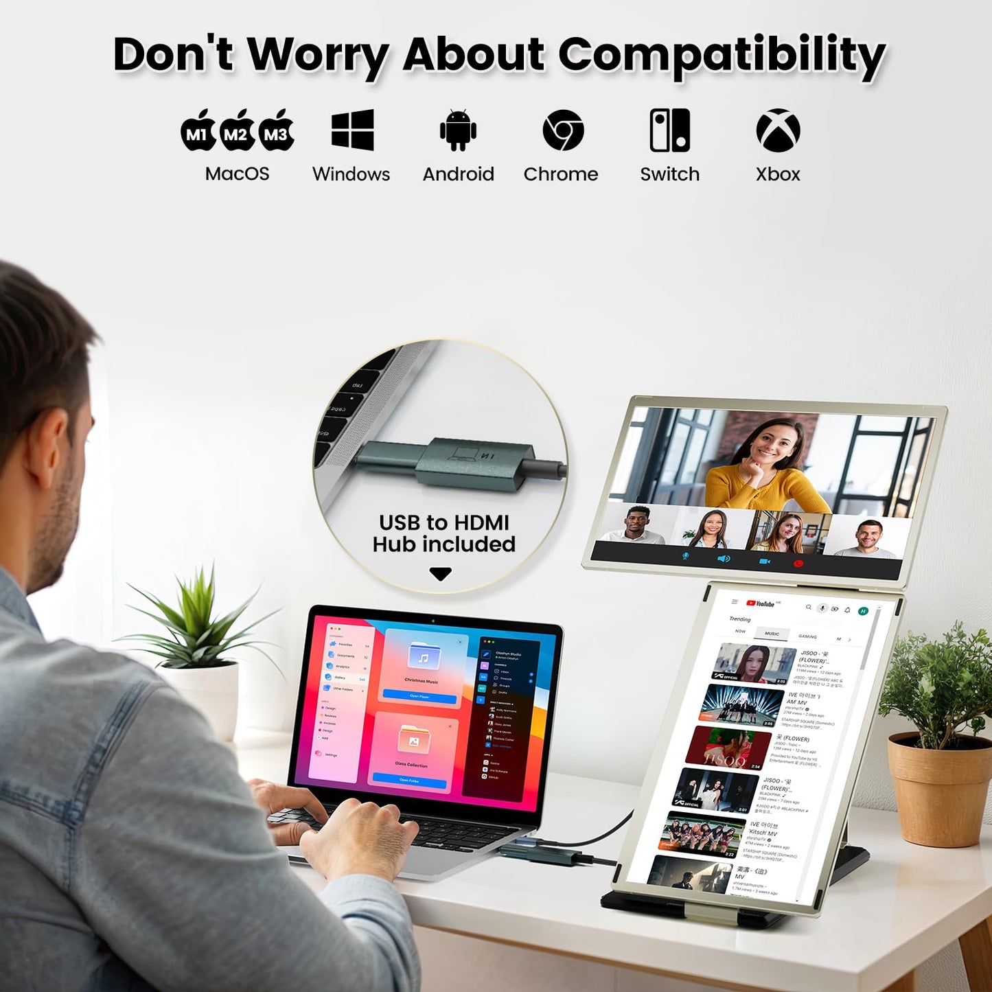 KEFEYA Laptop Screen Extender, 14.2" Portable Triple Monitor for Laptop with Full HD IPS Display, Monitor Extender Compatible with Mac, Windows, Chrome, Fits 13-17 Inch Laptops