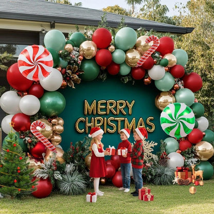 Christmas Balloon Arch Kit, Double Stuffed Red Green White Pearl Balloon Garland Sage Green Red Gold Balloons With Candy Cane Balloons for Christmas Birthday Xmas Santa Holiday New Year Party Decor