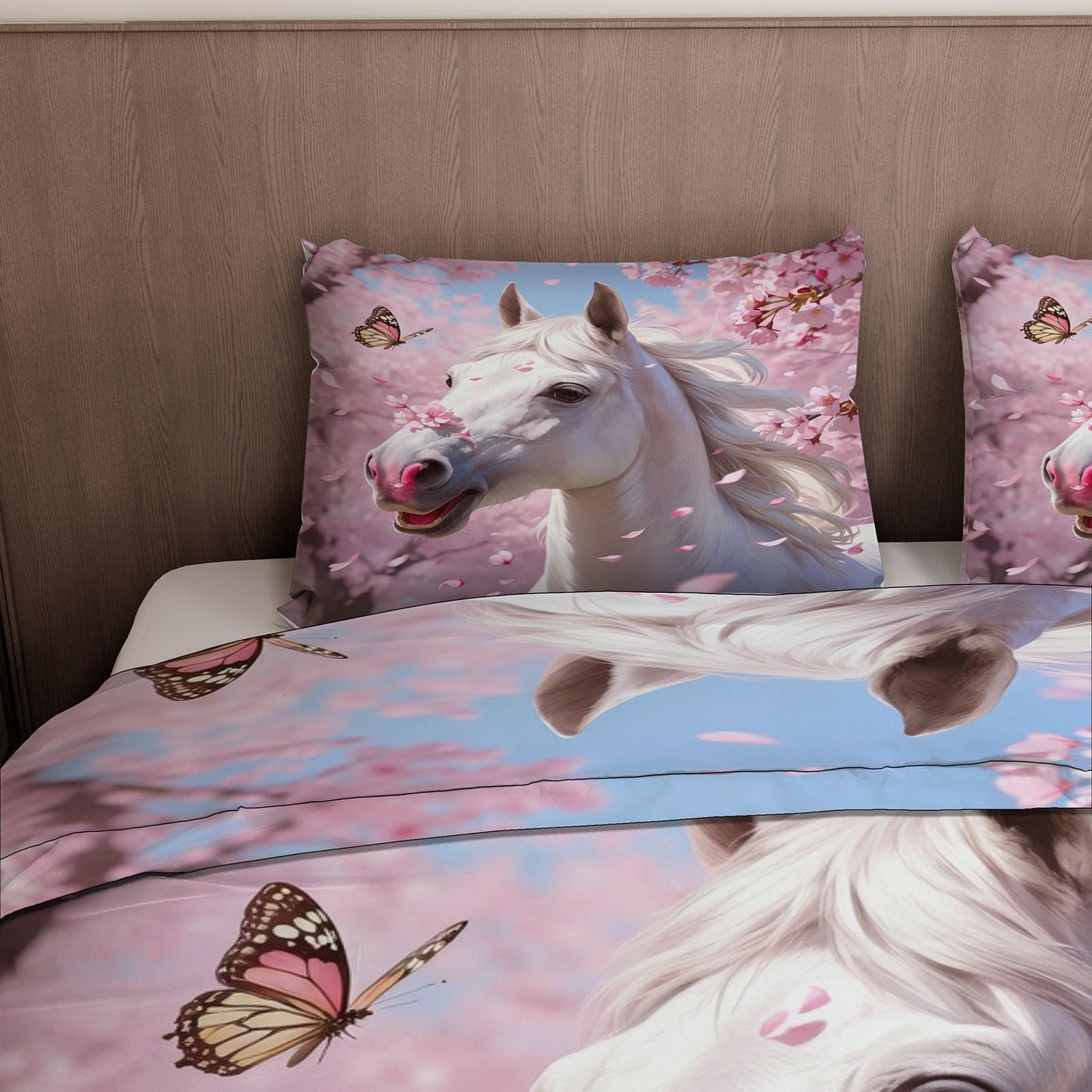 3D Horse Duvet Cover King Size 104x90in Soft Breathable Microfiber Cherry Blossoms Bedding Set Zipper Closure Reversible Comforter Cover 3 Pieces with 2 Pillow Shams (WJT 23-4)
