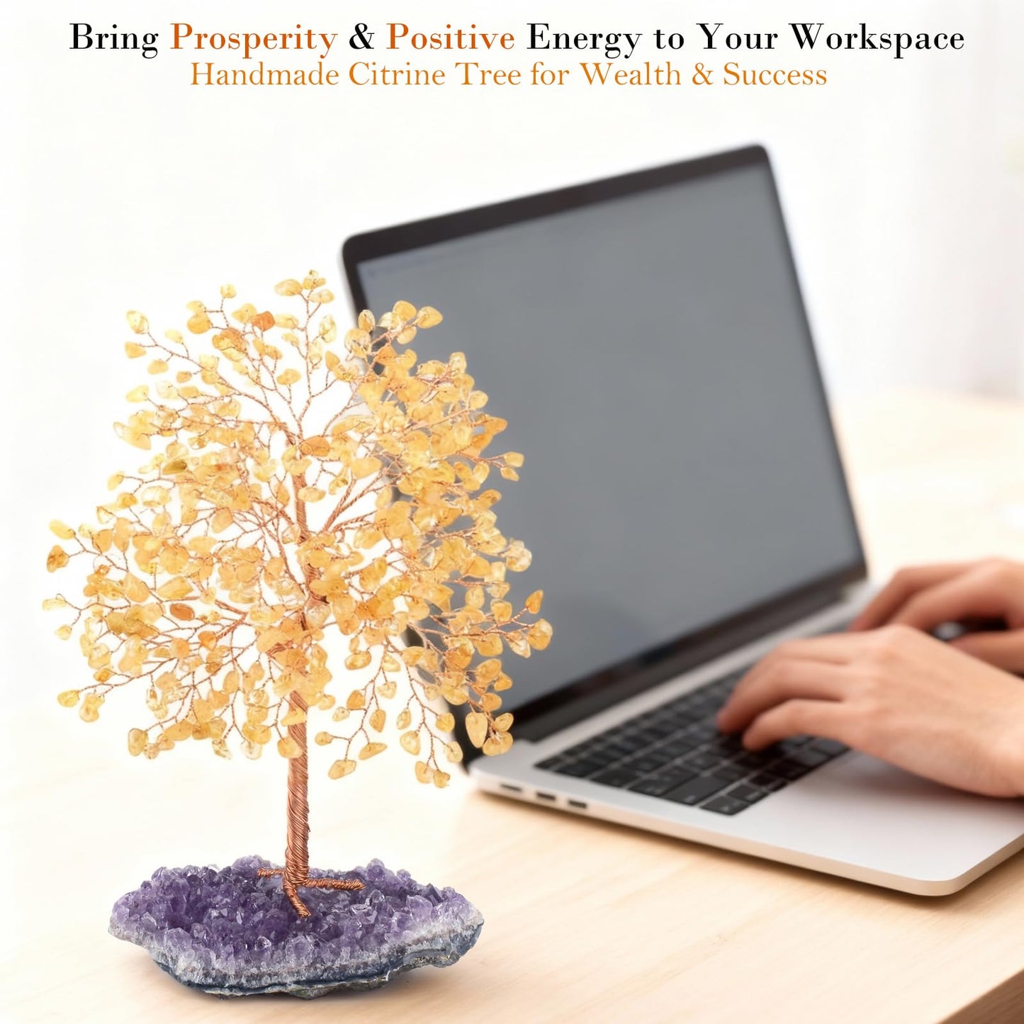 MASGEMES Gemstone Crystal Tree of Life,Natural Citrine(406 Stones Count) with Amethyst Cluster Base,Chakra Healing Crystals Positive Energy Fengshui Bonsai Money Tree Gift 8.5"-9"