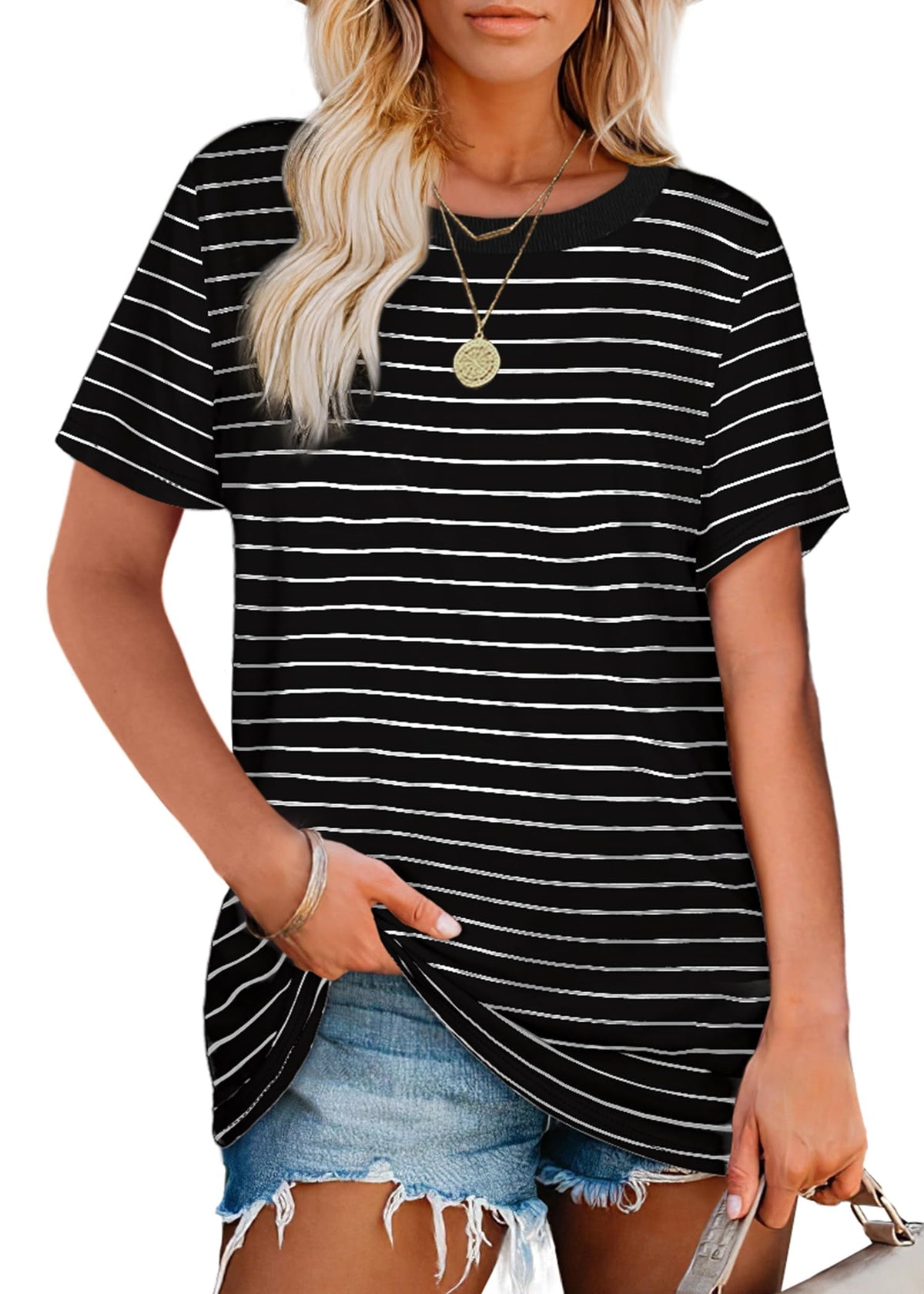 Jescakoo Short Sleeve T Shirts for Women Loose Fit Crew Neck Striped Tops XL