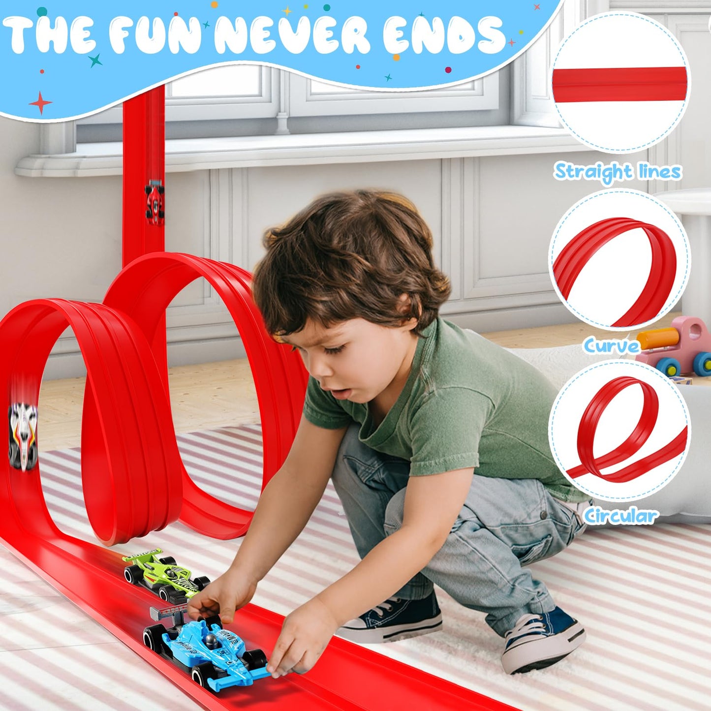XIAPIA Car Track 4m, Flexible Toy Car Race Track Fits Hot Wheels, Diecast Cars, Flexible for Loops, Jumps, Ramps, Classic Long Roll Up Race Track with 4 Cars and 12 Suckers, Gifts for Kids Toddlers