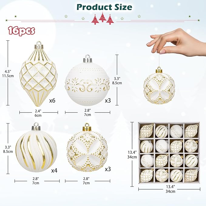 16PCS Shatterproof Christmas Ball Ornaments Set, Hand-Painted Holiday Decor with Assorted Sizes & Designs for Christmas Tree Thanksgiving Party Decoration, Gold-White