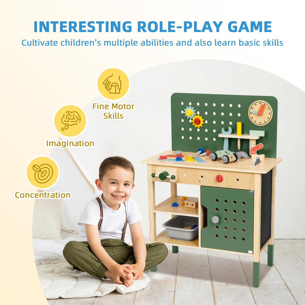 OOOK Kids Tool Bench，Wooden Toddler Workbench with Tools Set，Large Storage Wooden Tool Workbench for Kids Age 3-5，Pretend Play Construction Set Gift for Boys Girls