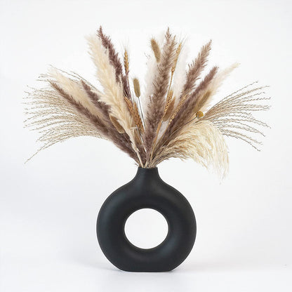 CEMABT Black Donut Vase Hollow Ceramic Vase for Flowers Handmade Minimalist Boho ins Style Modern Home Decor for Wedding Dinner Table Party Living Room Office Bedroom（M