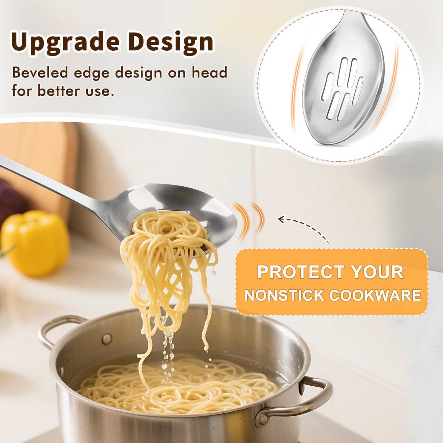 2 Pcs Stainless Steel Cooking Spoons Set, Solid & Slotted Metal Serving Spoons, Heavy Duty Sturdy Large Soup Ladle, High Heat Resistant Kitchen Cooking Utensils for Mixing, Stirring, Easy to Clean