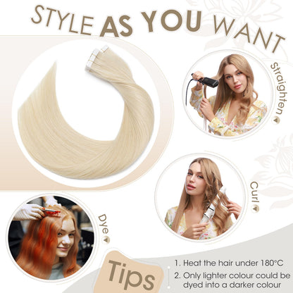 Elailite Tape in Hair Extensions Human Hair 40 pcs 100g Full Head - Seamless Invisible Skin Weft Real Remy Hair Straight (#60 Platinum Blonde, 16 Inch)