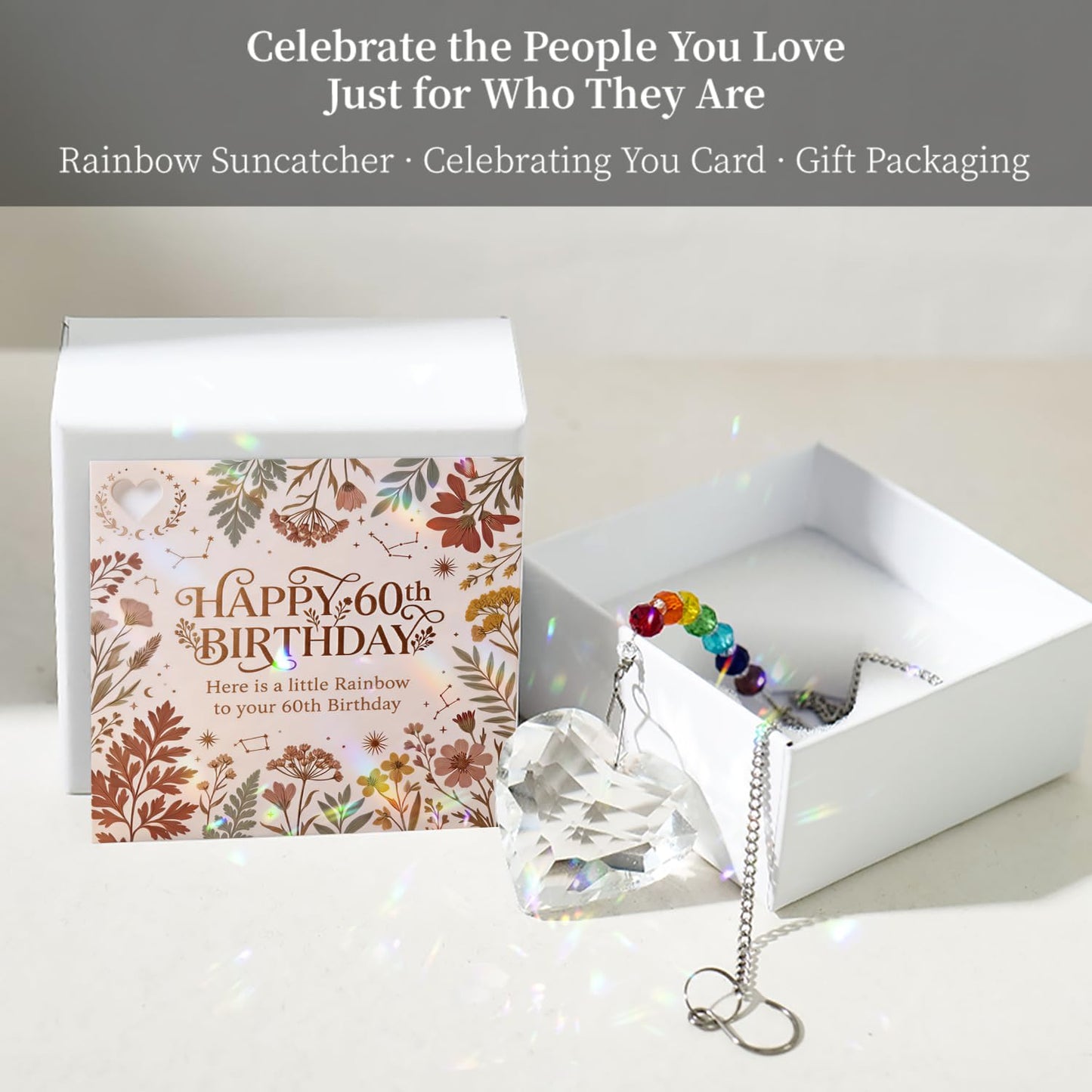 Hegelda 60th Birthday Decoration Gifts for Women, 60 & Sensational Gift for Mom Grandmother, Elegant Crystal Suncatcher Window Prism, Meaningful Diamond Milestone Keepsake with Card