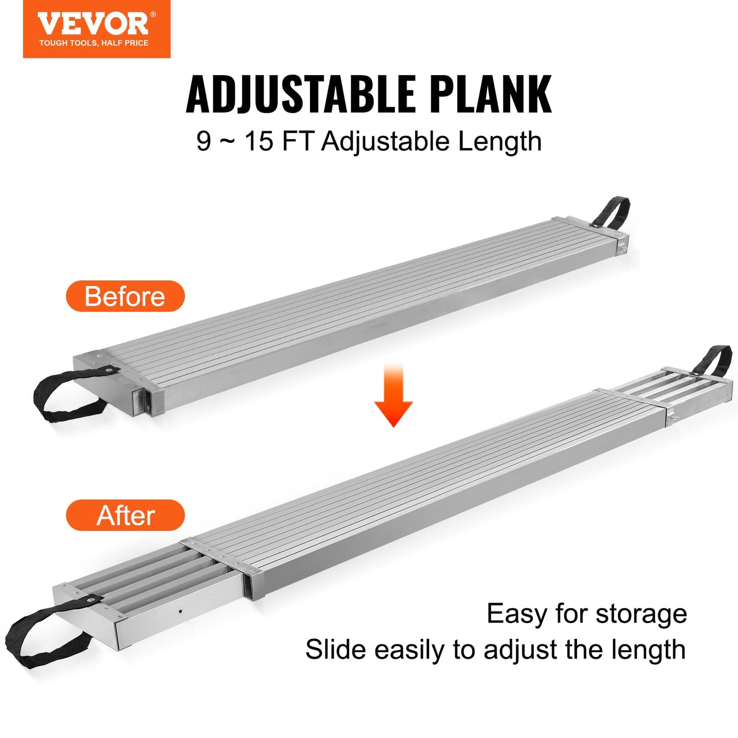 VEVOR Aluminum Telescoping Work Plank, 9-15FT, 500lbs Capacity, 12.5 inch Width, Scaffolding Plank with Skid-Proof Platform Scaffold Ladder Accessory