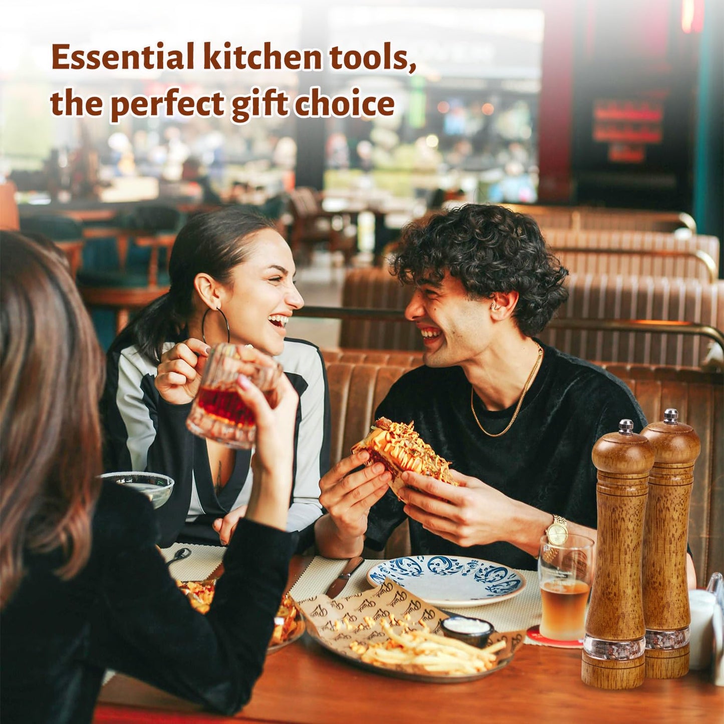 ROCKSHEAT Wooden Pepper Grinder Set of 2, 8 Inch Beech Wood Pepper Mills with Stainless Steel Core, Manual Pepper Grinder with Comfort Grip & Effortless Grinding for Kitchen Cooking