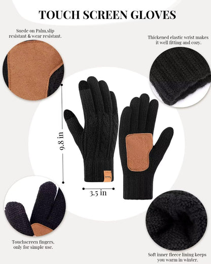 Winter Hat Scarf Glove Set for Women, Warm Fleece Lined Womens Beanie Hat with Double Pom Pom, Gloves with Touchscreen Fingers, Knit Scarf Neck Warmer, Xmas Gift Set for Cold Weather-Black